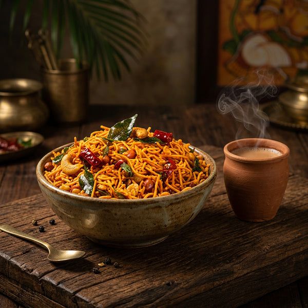 A bowl of spicy fried noodles with red chilies, curry leaves, and cashews sits on a rustic wooden table next to a small clay cup of tea or milk. The scene is styled with a spoon, spices, and warm background decor.